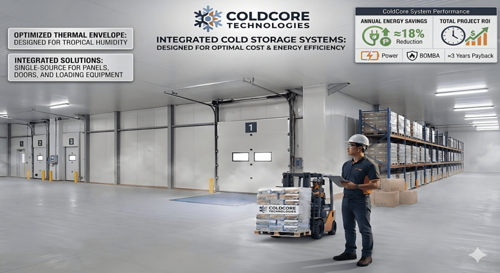 Full cold chain storage solution in Manila featuring integrated PIR panels, industrial sectional doors, and loading bay systems