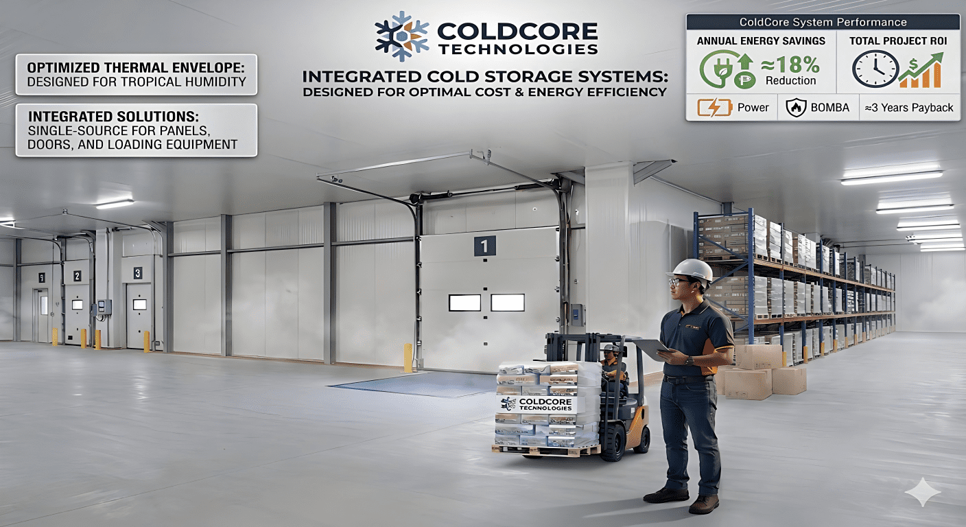 Full cold chain storage solution in Manila featuring integrated PIR panels, industrial sectional doors, and loading bay systems