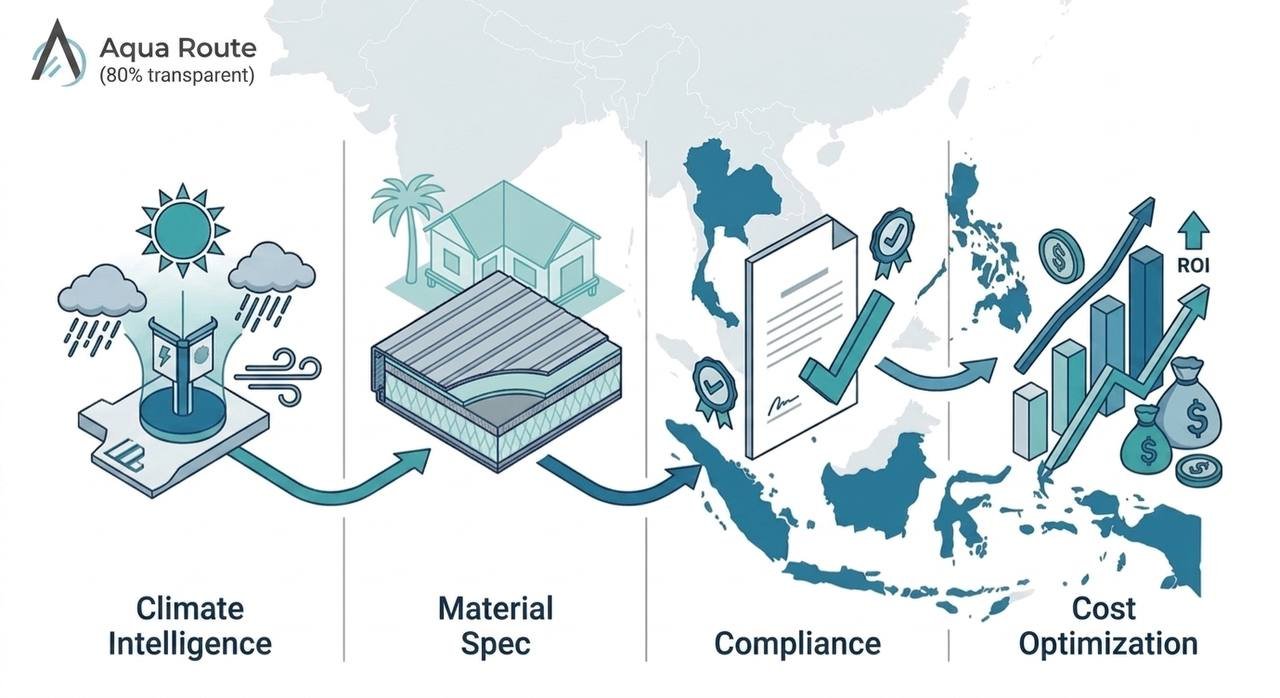 Tropical Climate Construction System Integration Framework showing four subsystems: Climate Intelligence, Material Specification, Compliance Integration, and Cost Optimization for Southeast Asia markets