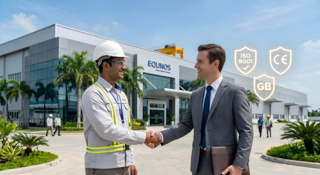 Procurement manager and engineer shaking hands outside a compliant industrial factory in Southeast Asia. Floating icons display ISO 9001, CE, and GB standards, highlighting the importance of certified sandwich panels to avoid hidden costs.