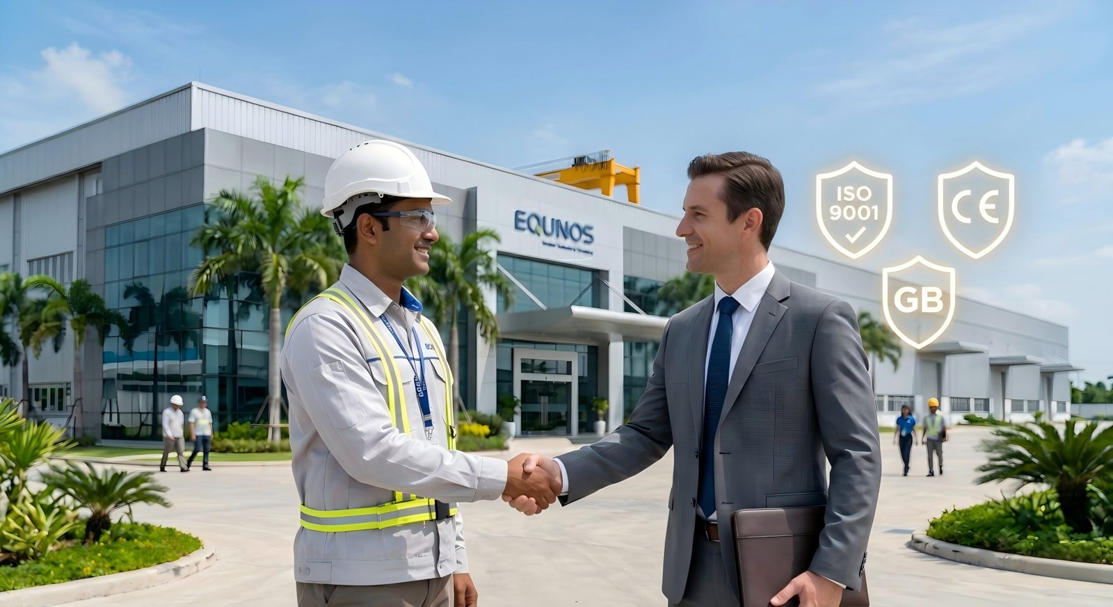 Procurement manager and engineer shaking hands outside a compliant industrial factory in Southeast Asia. Floating icons display ISO 9001, CE, and GB standards, highlighting the importance of certified sandwich panels to avoid hidden costs.